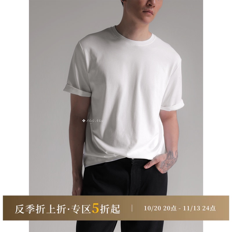 Holymen | High-Count Egyptian Cotton, Flip-Sleeve Design, Three-Color Basic Style, Summer Short-Sleeve Holymen | High-Count Egyptian Cotton, Flip-Sleeve Design, Three-Color Basic Style, Summer Short-Sleeve