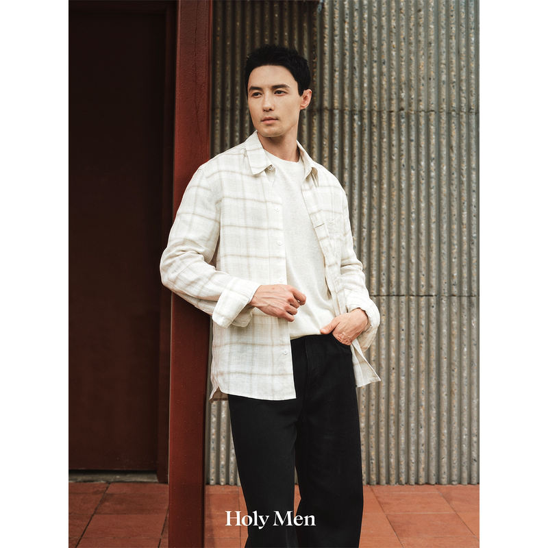 Holymen | Imported Rain Dew Linen Custom Woven Plaid Relaxed Loose Casual Long-Sleeved Shirt for Men Holymen | Imported Rain Dew Linen Custom Woven Plaid Relaxed Loose Casual Long-Sleeved Shirt for Men
