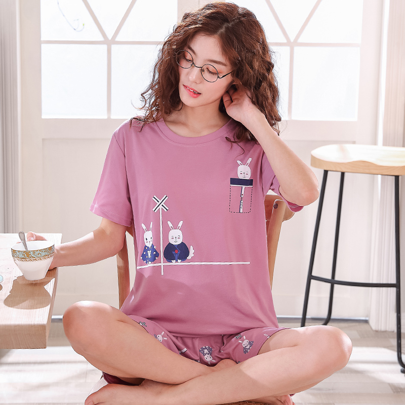 Bông đồ ngủ ngắn tay womens mùa hè mỏng Hàn Quốc phiên bản mới phim hoạt hình sinh viên bông nhà quần áo womens mùa hè hai mảnh bộ.