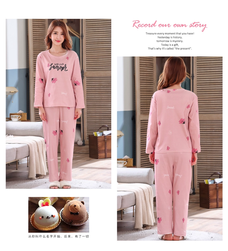 Bộ đồ ngủ nữ xuân thu cotton thuần dài phiên bản thu đông size lớn kiểu hàn quốc có thể mặc bên ngoài bộ đồ nữ mặc nhà cotton thu đông - Bộ Pajama