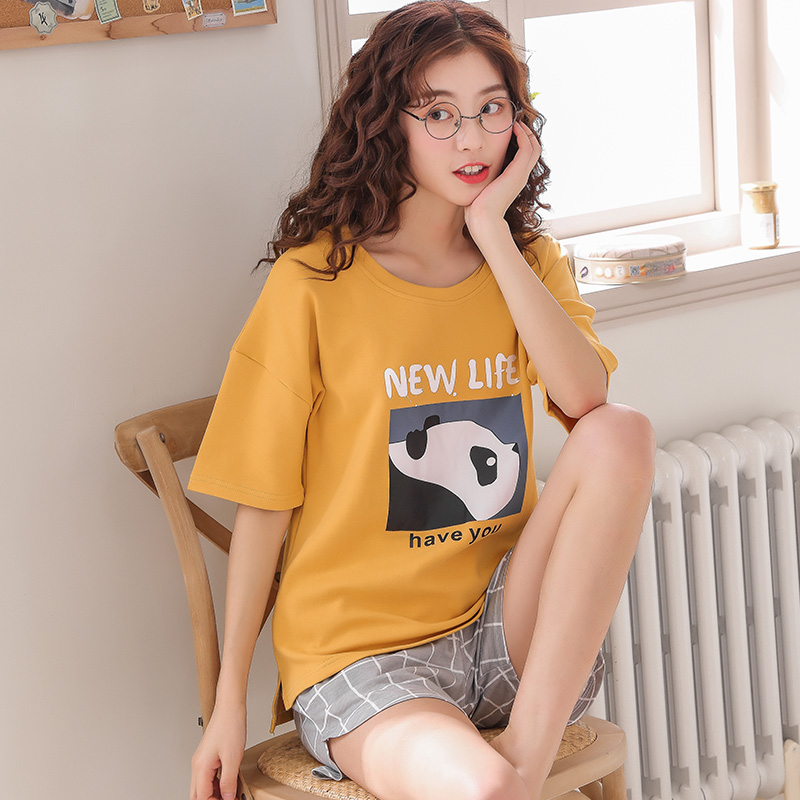 Bông đồ ngủ ngắn tay womens mùa hè mỏng Hàn Quốc phiên bản mới phim hoạt hình sinh viên bông nhà quần áo womens mùa hè hai mảnh bộ.