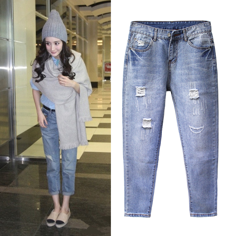Sandro Moscoloni ripped jeans female star with casual fashion nine-point fashion Harlem pants