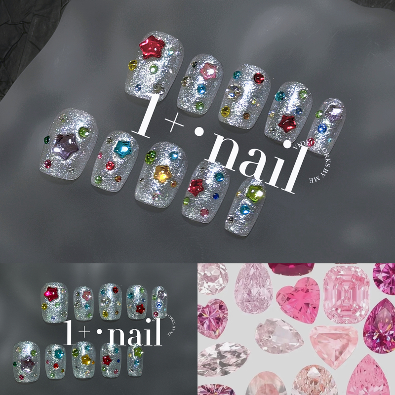 1+【Sparkling Girl】Summer Girl's Style Macaron Gemstone Sparkle Short Handmade Wearable Nails