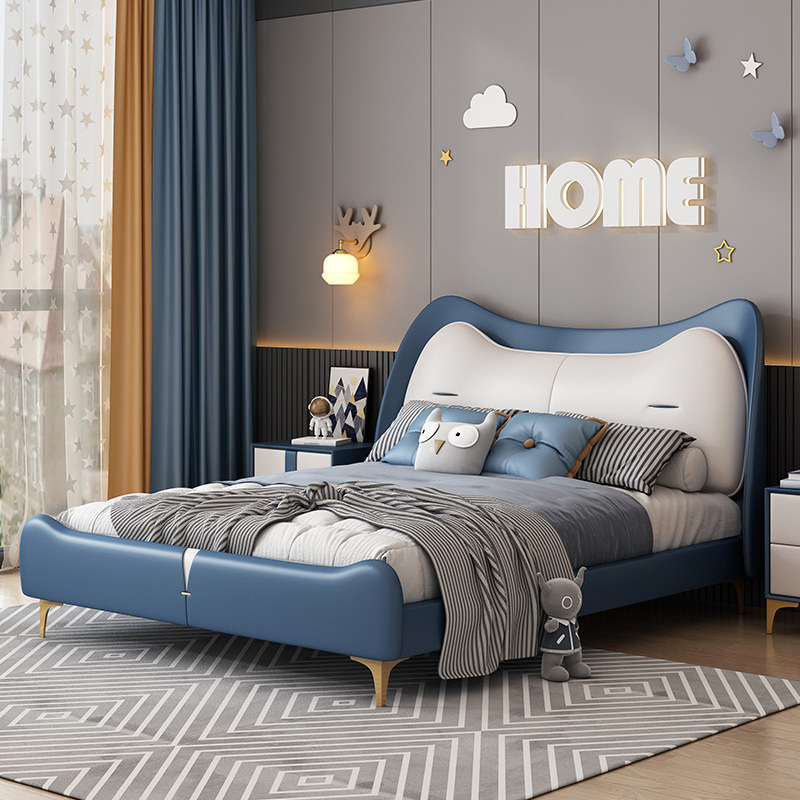 Light extravagant solid wood Children's bed Boy single beds 1 5 m 1 8 m Modern minimalist Cartoon Kitty leather blue beds