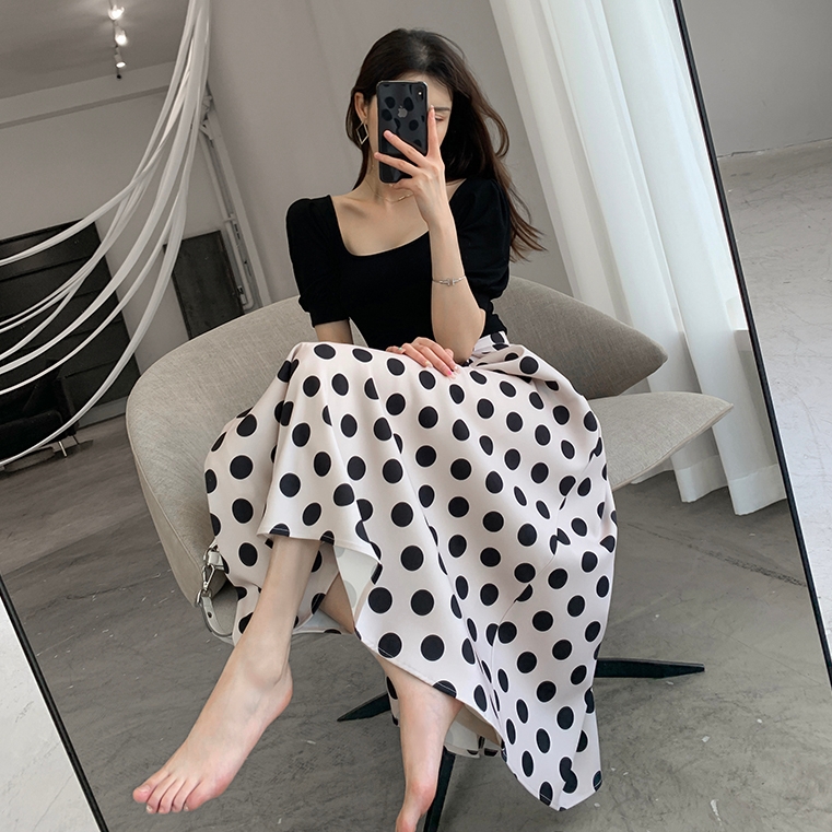 夏季方领上衣复古女神范波点裙套装裙