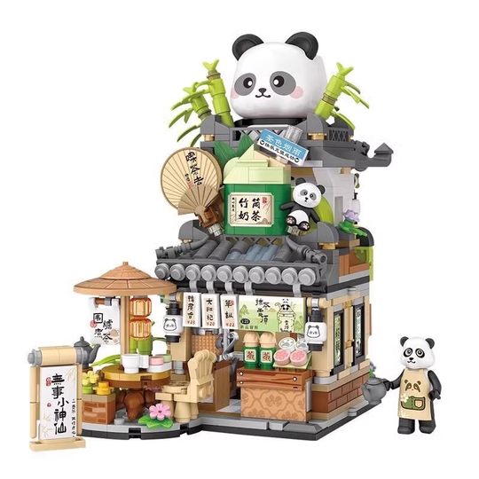 Loz/Smart Chinese-Style Folding Street Scene Building Blocks Little Bear Coffee Shop Assembled Panda Tea House Girls' Birthday Gift
