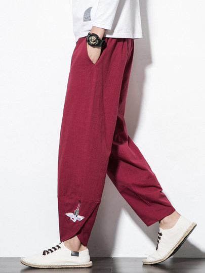 Chinese style men's cotton and linen embroidered casual trousers retro loose wide-leg pants summer linen harem pants nine-point pants