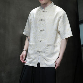 Новый жаккардовый костюм Тан в стиле шинуазри, летняя рубашка из тонкого ледяного шелка с короткими рукавами, мужская свободная рубашка большого размера с рукавами три четверти