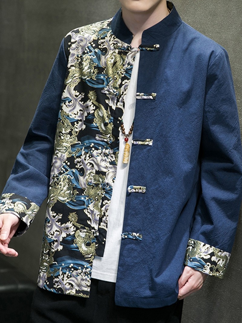 New Chinese-Style Tang Suit for Men, Chinese Style Spring and Autumn Patchwork Long-Sleeve Jacket, Retro Loose Hanfu, Large Size Buttoned Coat