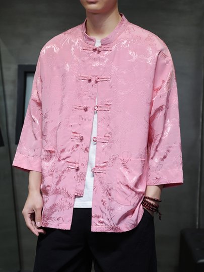 New Chinese-Style Tang Suit for Men, Chinese Style Summer Thin Ice Silk Short-Sleeved Shirt, Improved Hanfu, Large Size Stand-Up Collar Shirt, Trendy