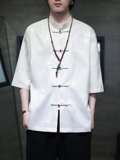 Костюм Тан из ледяного шелка, мужская летняя тонкая рубашка с короткими рукавами в стиле шинуазри, новая свободная рубашка большого размера с рукавами три четверти династии Хань