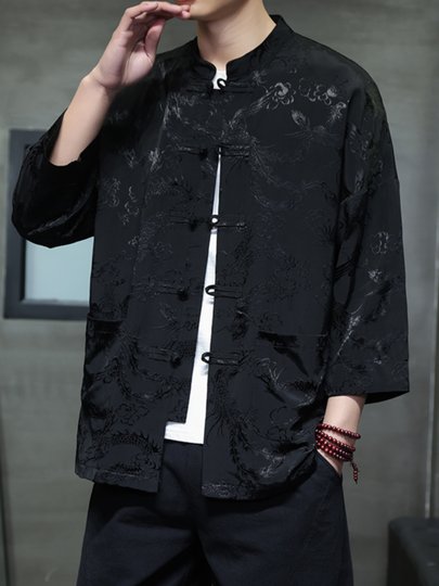New Chinese-Style Tang Suit for Men, Chinese Style Summer Thin Ice Silk Short-Sleeved Shirt, Improved Hanfu, Large Size Stand-Up Collar Shirt, Trendy