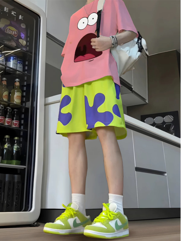 Patrick Star Short-Sleeved Shorts Casual Sports Suit for Men, Summer Trendy High-End Student Outfit, Five-Point Beach Shorts