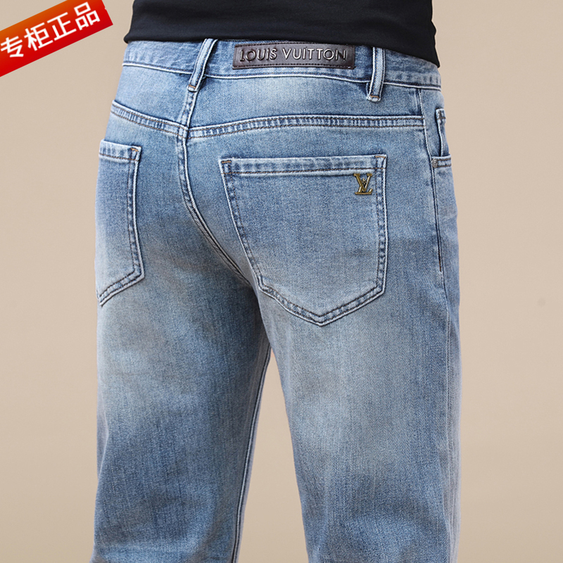 Italian High-End Light Blue Men's Jeans, New Spring Casual Versatile Long Pants, Washed Slim Straight-Leg Trendy Style