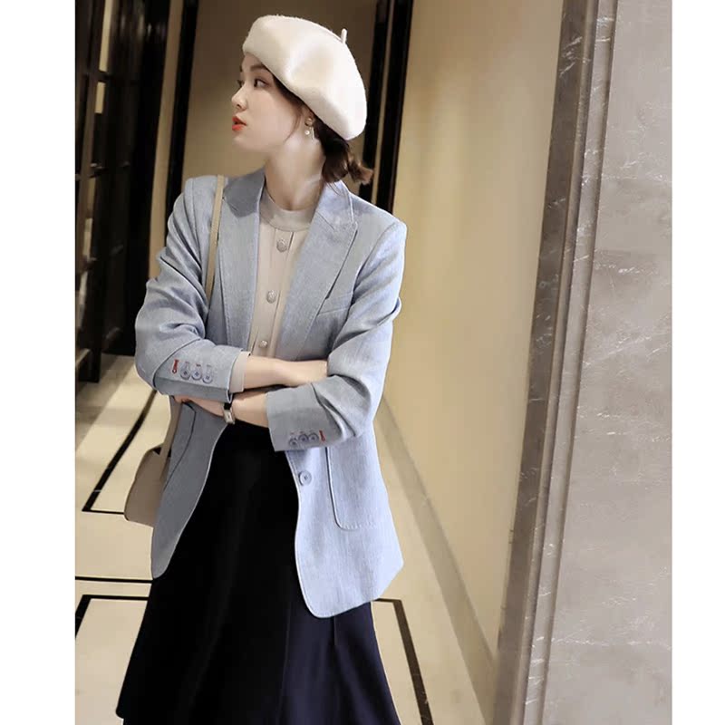 Side Open Fork Medium Long Version Suit Jacket Woman Spring Autumn Design Sensation Small Crowd Temperament Loose Casual Little West Suit Jacket