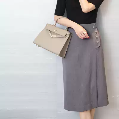 Professional light mature style temperament high-end gray front split fashion long version of high-waisted hip skirt women