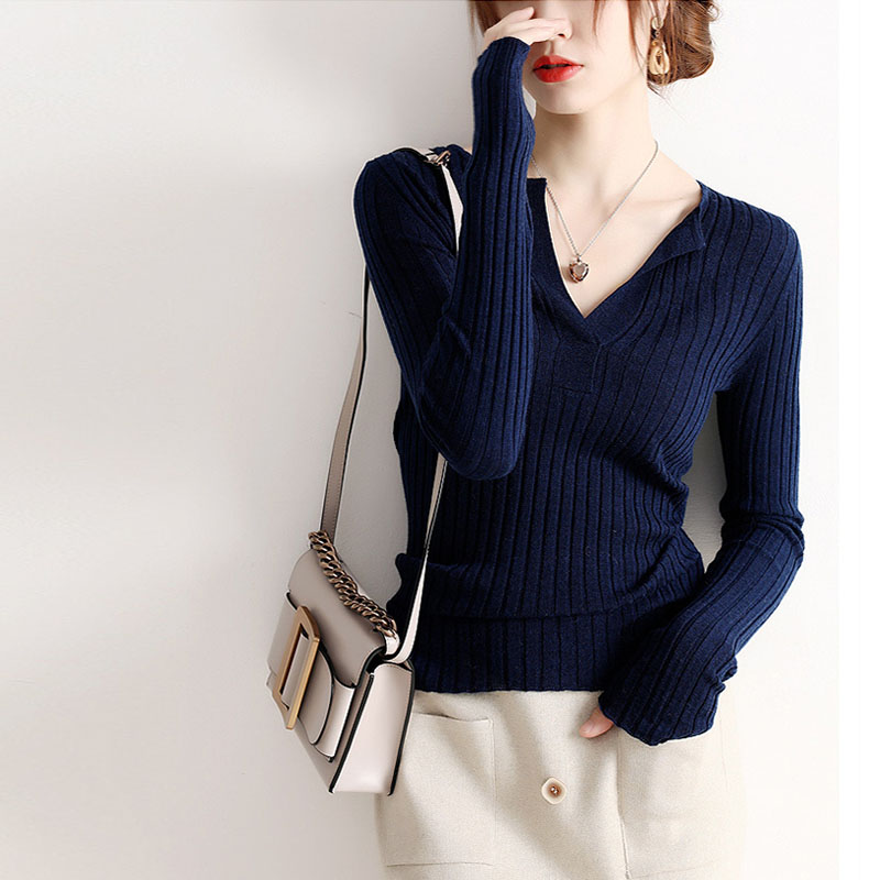 JOLIMENT vertical pit bar V neckline wool knit cardiovert woman long sleeve spring and autumn elastic body display with lean undershirt blouse