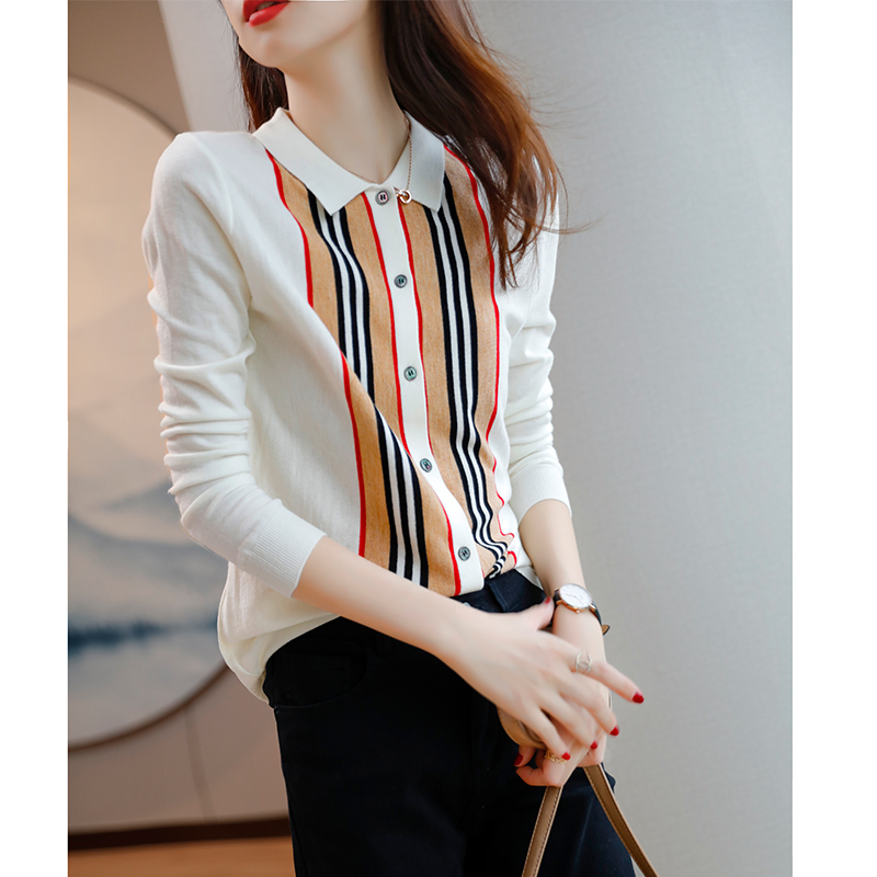 Wool Knit Cardiovert Woman Jacket Spring Autumn 2020 New Foreign Pie Age-less collage striped Loose Long Sleeve Blouse