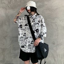 Harajuku Cartoon Cartoon half sleeve shirt plus fat plus size 200 jin fat MM summer Korean version of loose short sleeve shirt tide