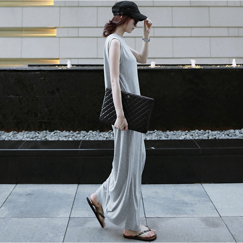 Korean Style Modal Plus-Size Dress, Extra-Long Round Neck, Over-The-Knee, Loose Waist, A-Line Skirt, Sleeveless Tank Top Long Dress for Women, Summer