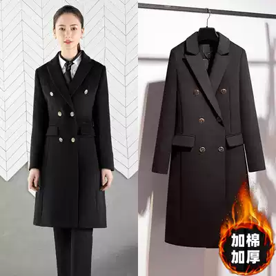 Working clothes woolen coat women's long version of dress hotel work clothes black slim thick woolen coat autumn and winter