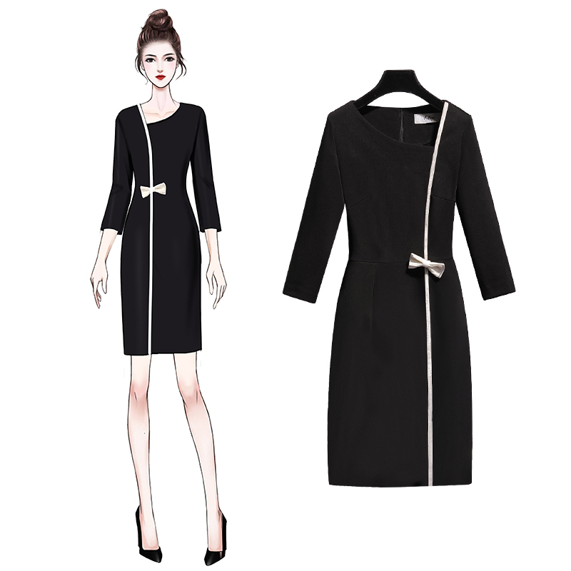 2022 Spring loaded new black manicure V collar 70% sleeves Hip Professional Foreign Dress Woman Temperament Work ol