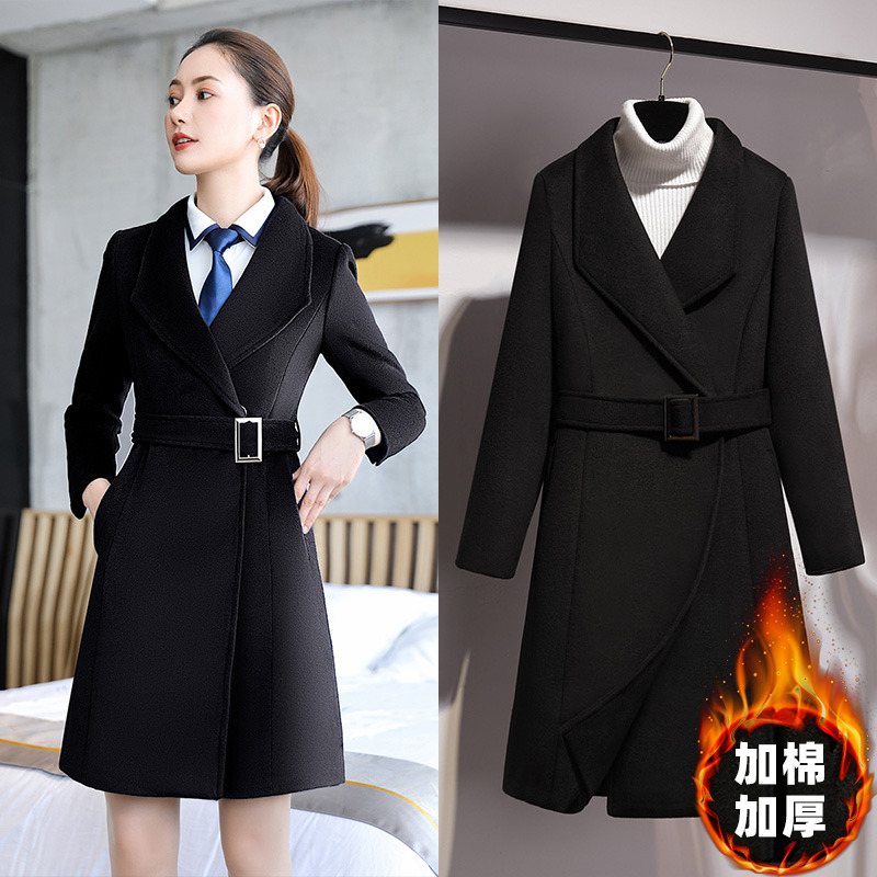 Work clothes Wool coat Women's autumn and winter long version thickened black hotel overalls Bank frock coat