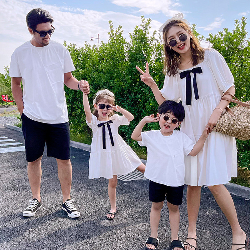 Pro-Subdress family of four summer clothing Fried Street Mother-son Dress Korean Version Children Short Sleeve Suit Foreign Pie Dress Foreign Dress