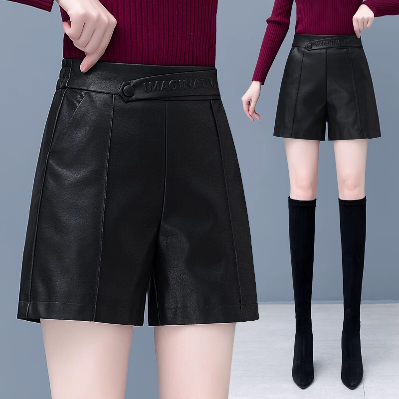 Pu Leather Shorts for Women, Autumn and Winter 2026 New Style, High-Waisted, Slimming, Five-Point Straight-Leg Pants, Casual Outerwear, A-Line Wide-Leg Bootcut Pants