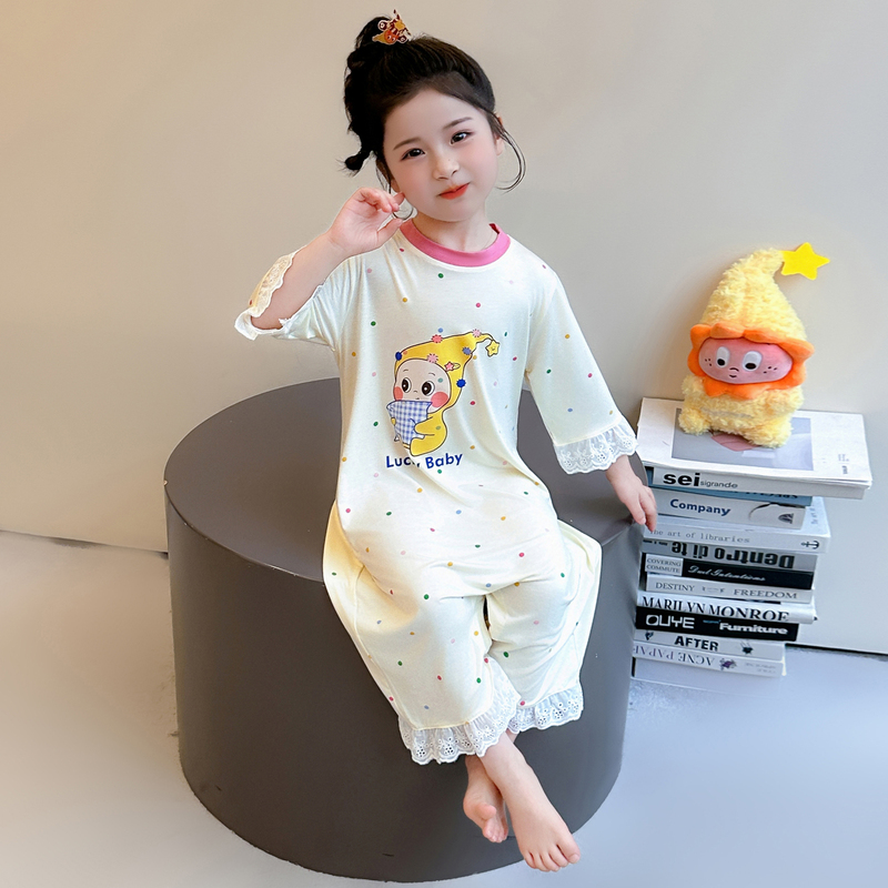 Girls' Pajamas Summer New Style One-Piece Pajamas Girls Cute Cartoon Long-Sleeved Rompers Air-Conditioned Clothes Baby Home Clothes