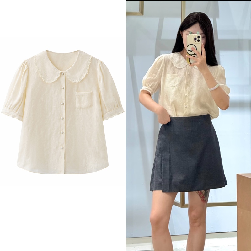 In-Stock 2K2Cb26 Mall Same Style 2026 Summer New Lace Trim Hollow Embroidery Doll Collar Shirt Top In-Stock 2K2Cb26 Mall Same Style 2026 Summer New Lace Trim Hollow Embroidery Doll Collar Shirt Top