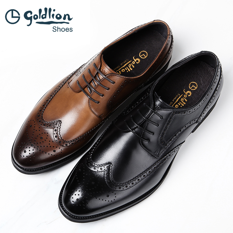 Goldlion Men's Shoes Spring Genuine Leather Brogue Casual Shoes Business Formal Leather Shoes Men's Size 45 46 Wedding Shoes