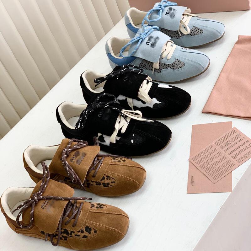 25 New Models of Miu's Fashionable Casual Sports Shoes, Genuine Leather Lace-Up Leopard Print Patchwork German Training Shoes, Comfortable and Versatile