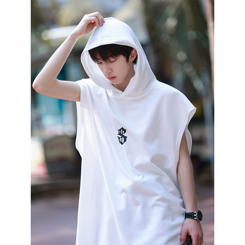 Men's Summer Thin Vest Trendy Brand Outerwear Sports Sleeveless Shirt Simple Trendy Youth Solid Color Hooded Sleeveless T-Shirt