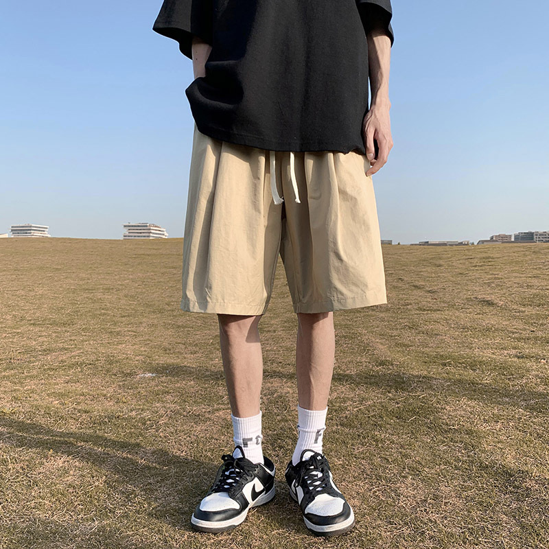 Khaki Cargo Shorts for Men, Summer Loose-Fitting Sports Casual Pants, Trendy Straight-Leg Wide-Leg Beach Shorts