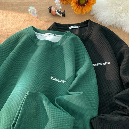 Мужской осенний трендовый базовый флисовый лонгслив, с вышивкой, оверсайз