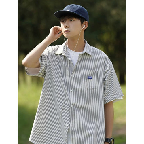 Синяя тонкая японская трендовая рубашка, оверсайз