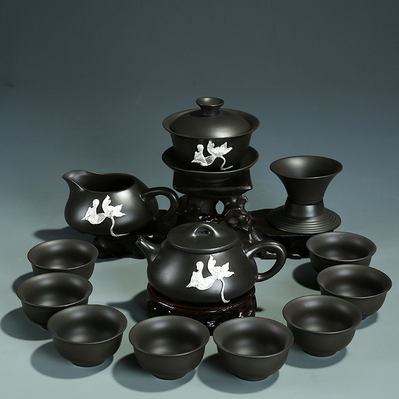 Tasted silver gilding violet arenaceous silver kung fu tea set of a complete set of household ceramics tea cup lid to use by hand