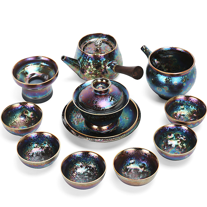 Colorful peacocks up temmoku lamp cup kung fu tea set manually obsidian tureen ceramic teapot washed suit
