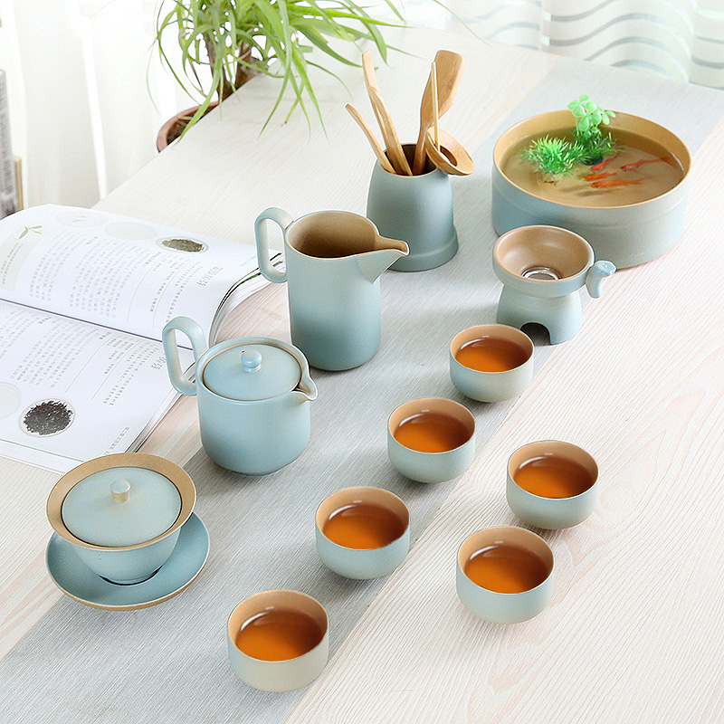 Japanese kung fu tea set tea tray household contracted ceramic teapot coarse pottery cups of a complete set of modern office sitting room