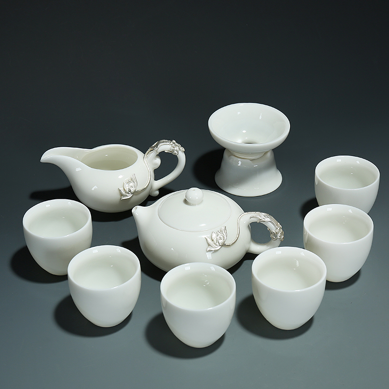 Frozen jade porcelain kung fu tea set a complete set of dehua white porcelain household coppering. As silver lid bowl sample tea cup set