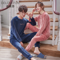 Autumn and winter couple two-piece padded Island velvet pajamas mens casual thin coral velvet home clothing women