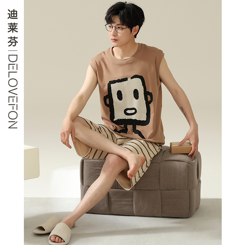 Vest Pajamas for Men, Pure Cotton, Summer Sleeveless Thin Set, Youth Casual Loose-Fitting Cool Style, Can Be Worn Outside as Home Clothes