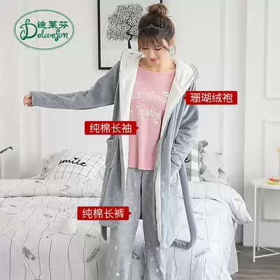 Pajamas three-piece female winter coral velvet autumn and winter flannel padded long dressing gown winter home suit hooded