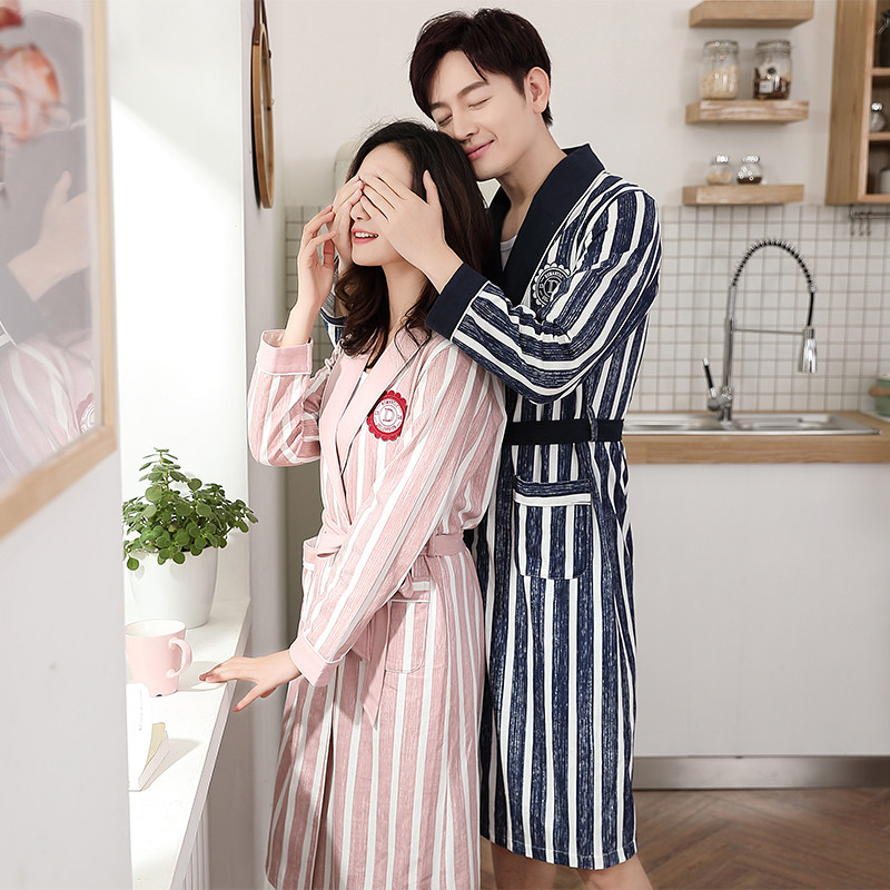 Men's nightgown women's autumn pure cotton couple bathrobe spring and autumn men's long section thickened autumn sexy Japanese-style pajamas all-in-one