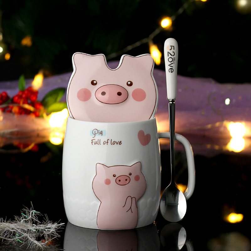 Couples cup high - capacity creative ceramic pig girl, lovely cup keller spoon home coffee cup with cover