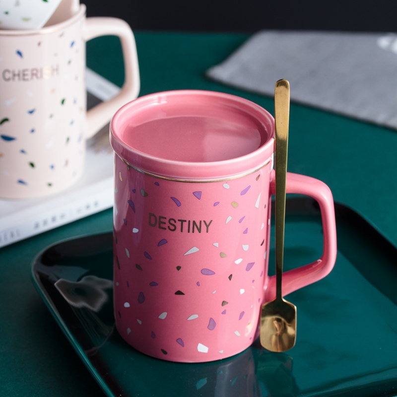 Ins Nordic contracted wind cup breakfast coffee cup ceramic spoon office he question; Male and female mark cup tea cups with cover