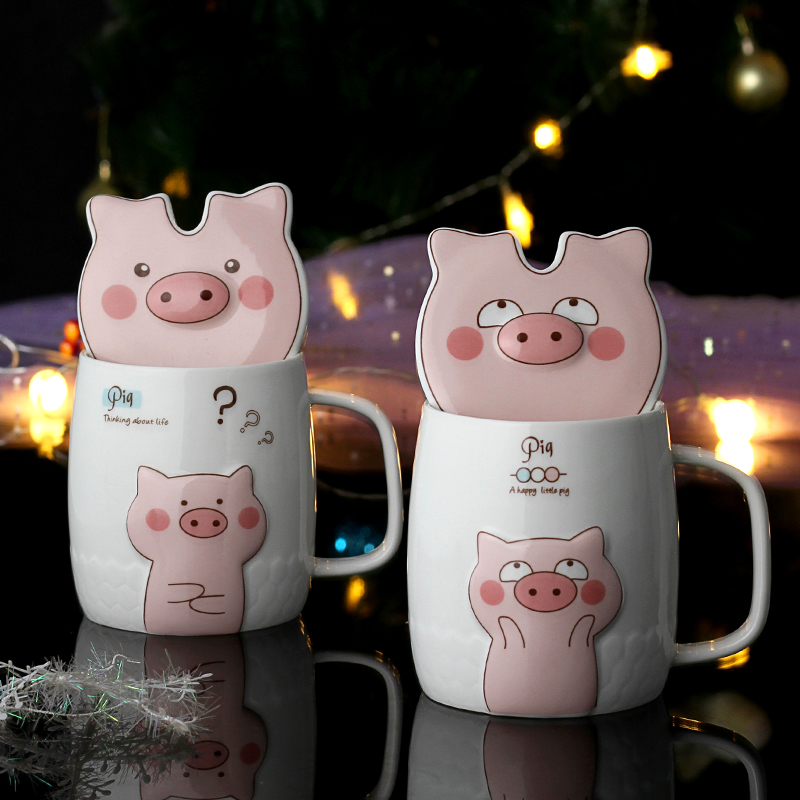 Couples cup high - capacity creative ceramic pig girl, lovely cup keller spoon home coffee cup with cover