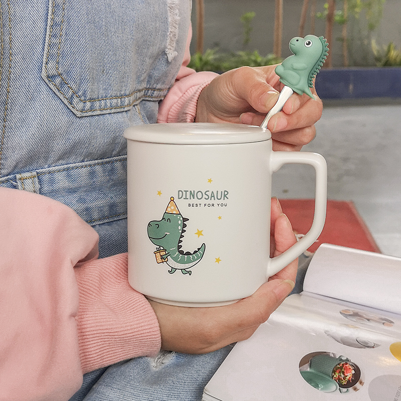 Japanese glass ceramic cup contracted coffee cup pure and fresh and lovely cartoon dinosaur keller spoon girl cup with cover