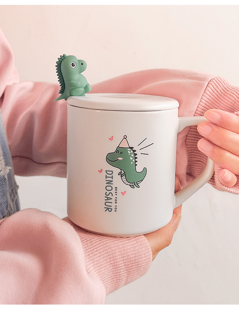 Japanese glass ceramic cup contracted coffee cup pure and fresh and lovely cartoon dinosaur keller spoon girl cup with cover